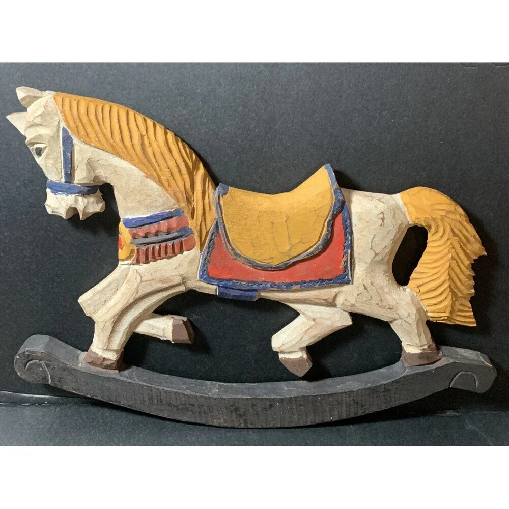 Antique Wooden Rocking Horse Wall Plaque Hanging Wood Picture Décor Nursery Deco